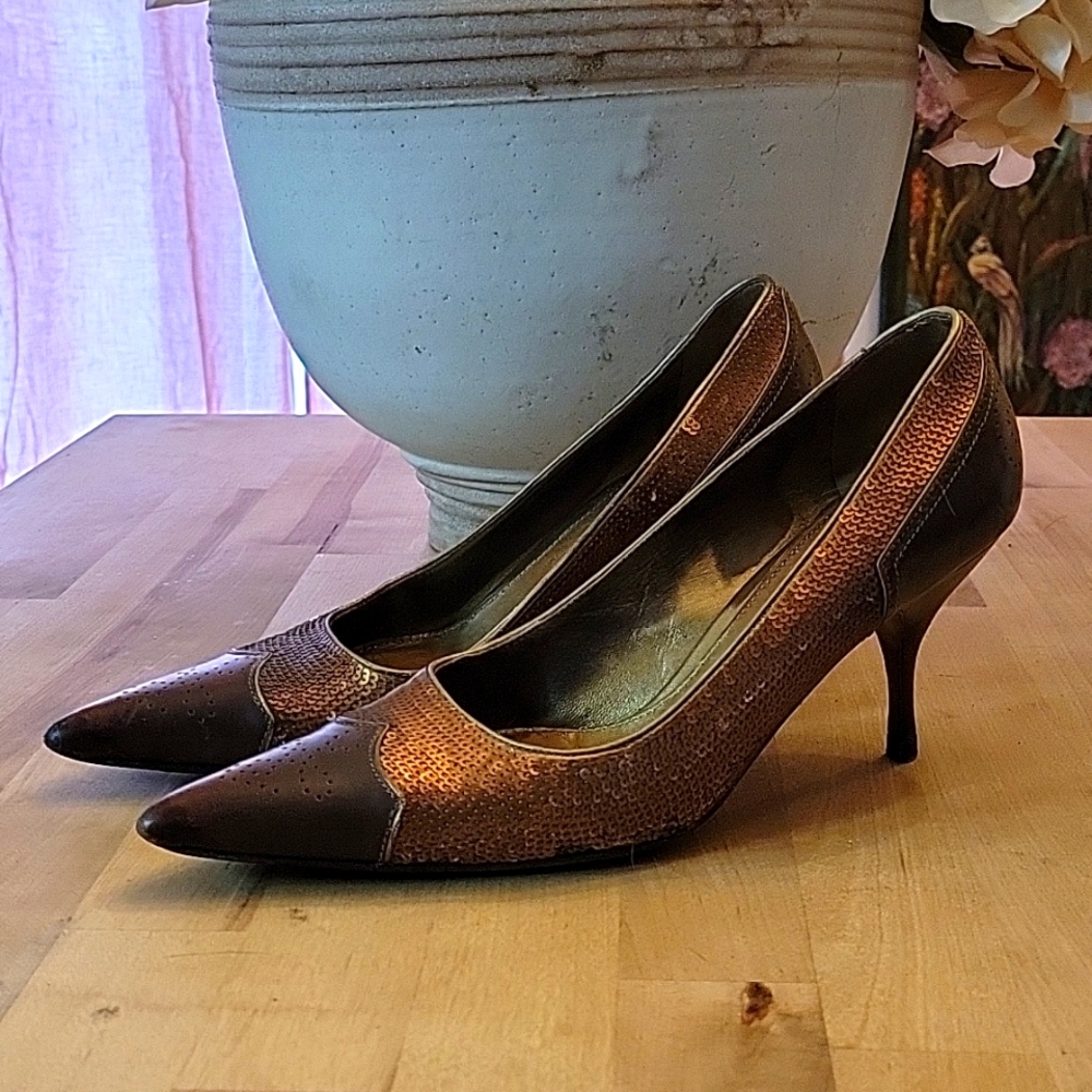 PRADA sequin/leather kitten heel pointed close toe pump